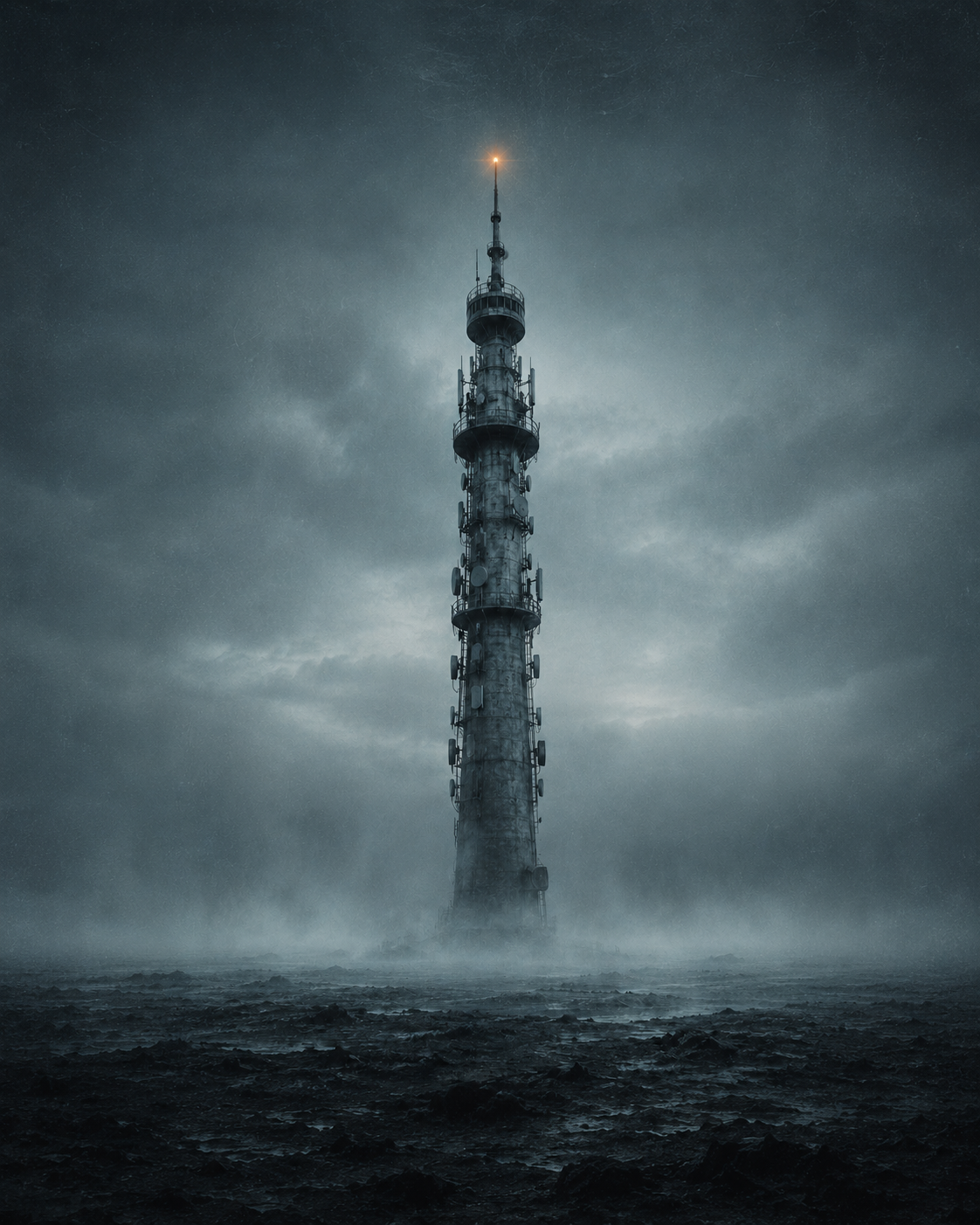 Sendeturm in stürmischer nebliger Landschaft aus der Serie Silent Structures